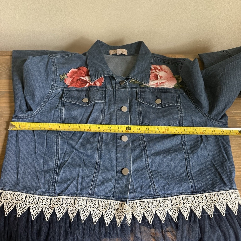 Philosophy Womens XL Blue Denim Floral Appliqué Tulle Denim Jacket - Picture 8 of 9